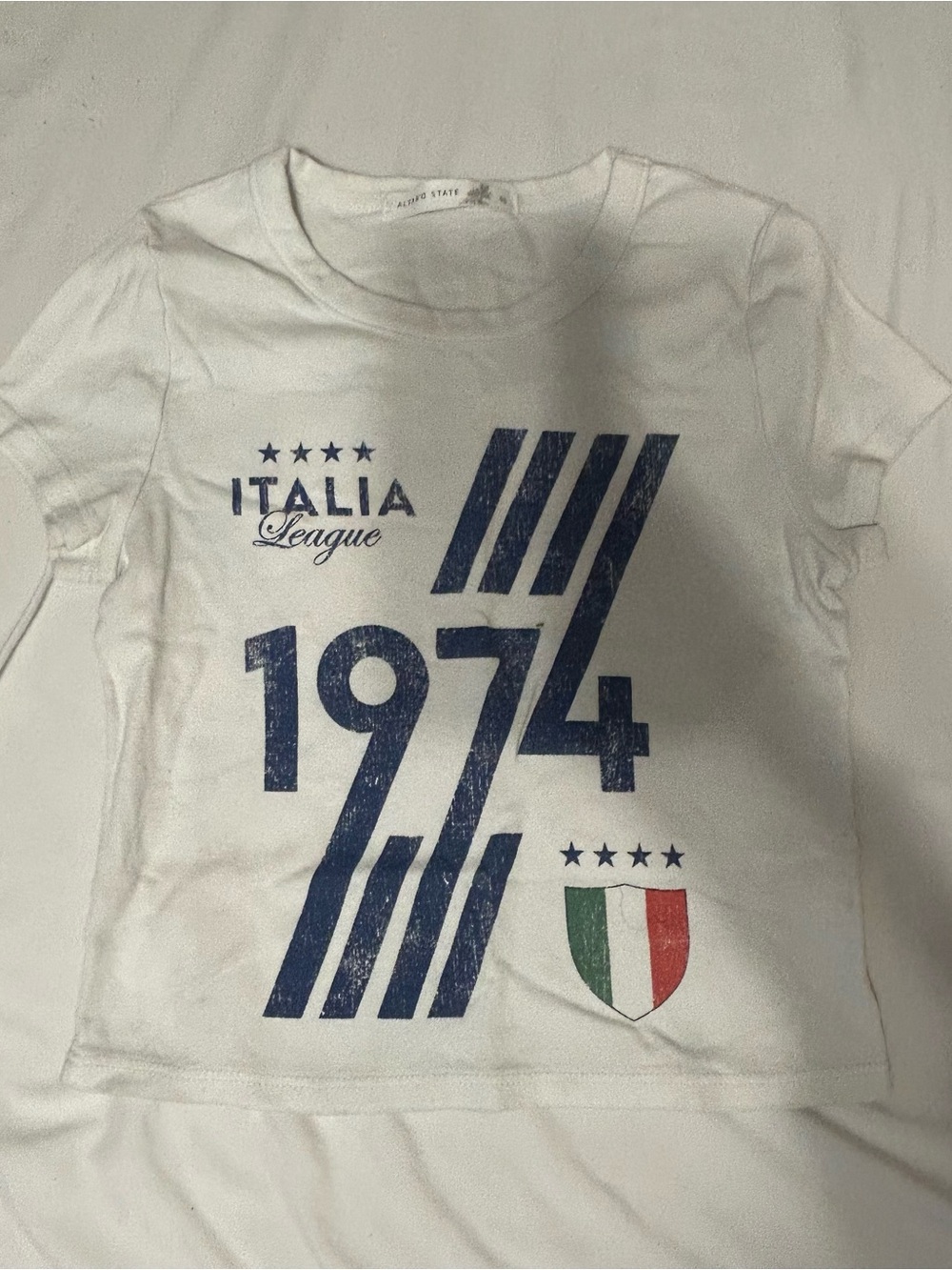 Altar'd State White Crop Top with Navy 1974 Graphic and Red-Green Shield